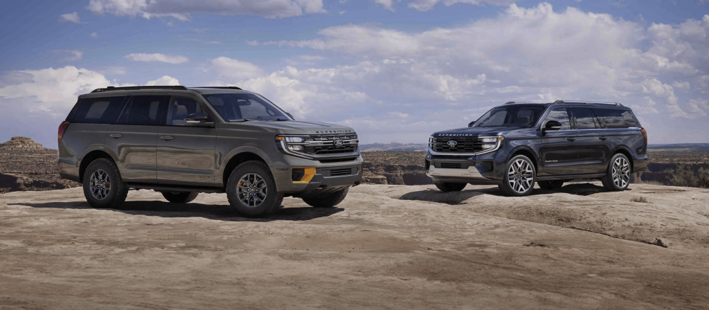 Two 2025 Ford Expeditions parked on the rocks