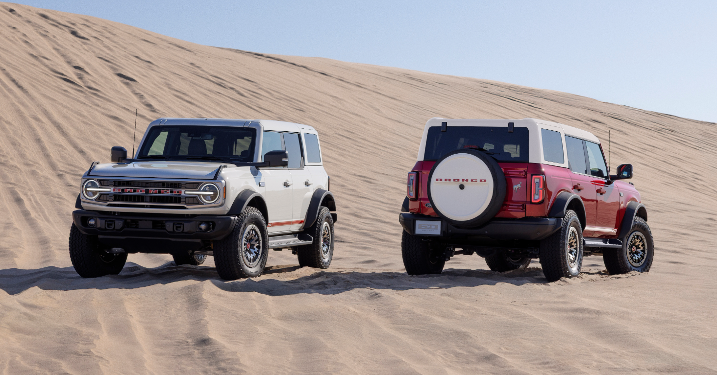 2026 Ford Broncos parked on sand
